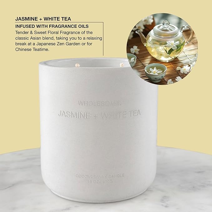 WHOLESOME. Jasmine White Tea Scented Non-Toxic Candles for Home, 2 Wicks Natural Coconut Wax Candle Eco-Friendly, Luxury Aromatherapy Candles Stress Relief, 16 oz Large Concrete Jar, 90 Hours Burn