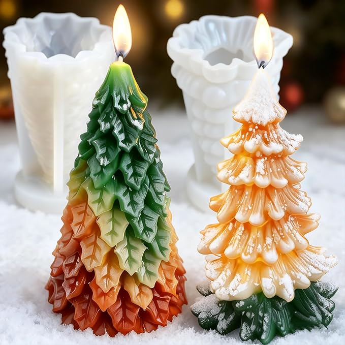 2pcs 3D Christmas Tree Silicone Candle Soap Epoxy Resin Wax Mold Silicone Shapes Christmas Trees Mold for Candle Resin Soap Craft Cake Chocolate Making Kit Christmas Gift (Coniferous+Weeping Pine)