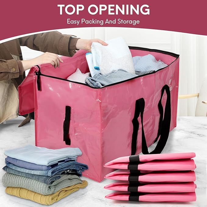 2-Pack Extra-Large Heavy-Duty Storage Totes with Reinforced Handles, Durable Zippers & Waterproof Material — Perfect for Space-Saving, Moving, Shipping and Travel (Pink)
