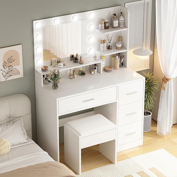 OTOQS Makeup Vanity Desk with Mirror and Light,Dressing Table Set with 3 Color Modes LED Lights,Large and Three Level Storage Dresser, for Bedroom Dressing Room,White