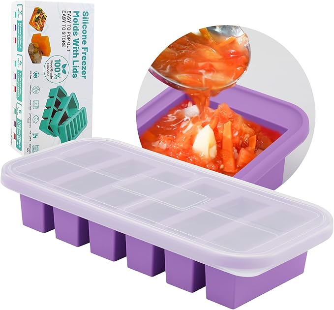 SHIKORI Silicone Freezer Molds With Lids, Easy Meal Prep Container and Kitchen Storage Solution, Silicone Molds for Food, Soup, Smoothie Storage and More (Purple-6 Cup)