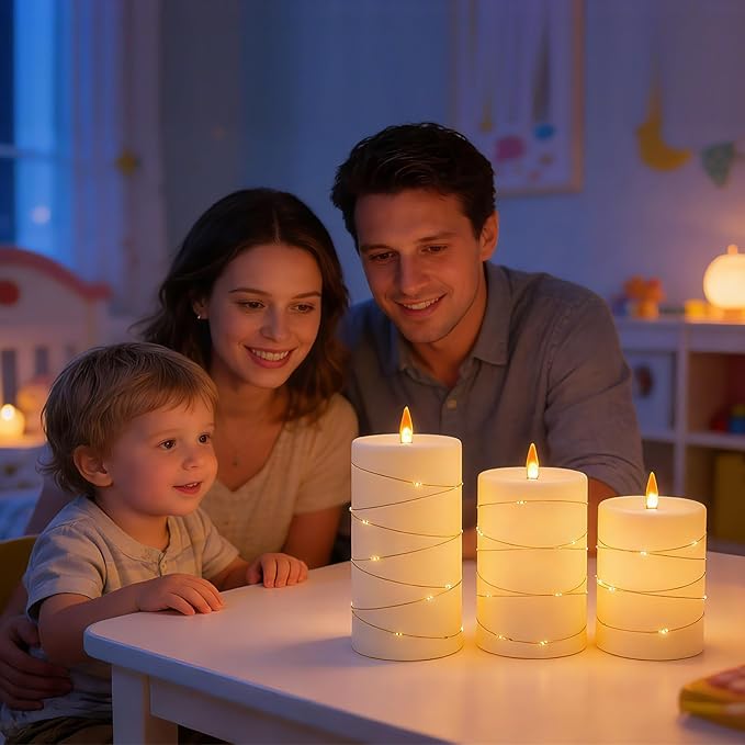HaitanghuaFlickering flameless Candles, Battery-Powered, with String Lights, Remote Control, Timer, Realistic Plastic Pillar Candles, Ivory White, Set of 3,Durable and Long-Lasting