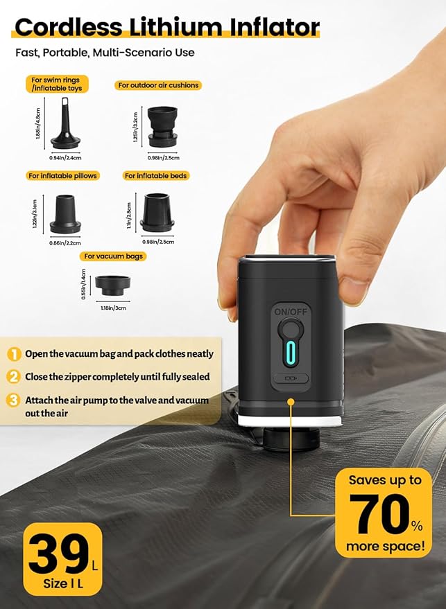 Travel Vacuum Bags with USB-C Pump, Compression Storage Bags for Clothing, Space Saving Packing Cubes Alternative for Carry-On Suitcase, Backpack & Luggage, Waterproof Reusable Travel Bags