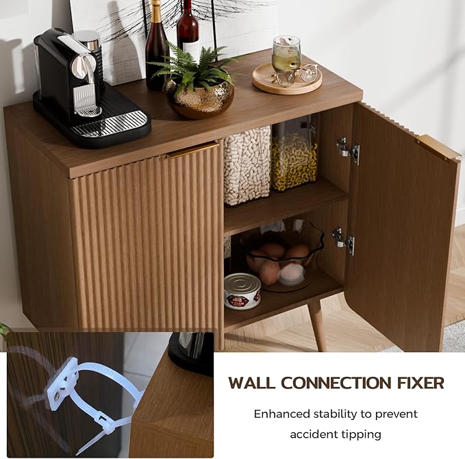 Sideboard Buffet Cabinet with Storage, Modern Fluted Accent Credenza with 2 Doors, Buffet Media Console Entryway Cabinets with Adjustable Shelves for Living Room Dining Room Hallway, Walnut