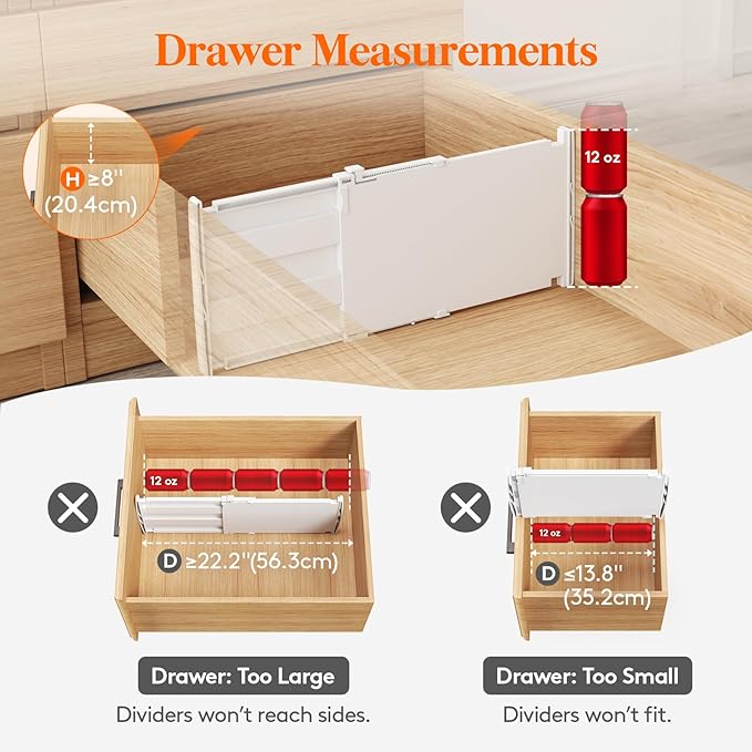 Lifewit 8" Tall 8 Pack Drawer Dividers, 35-56.5cm/13.8-22.2" Expandable Drawer Divider for Clothes, Adjustable Dresser Drawer Organizers, Drawers Separators for Dresser/Bathroom/Closet/Kitchen White