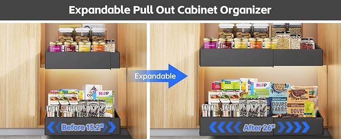 2Pack Expandable Pull Out Cabinet Organizer 21" Deep - Sliding Drawer Organizer Roll Out Shelves Adhesive - Adjustable Width 15.2"-26.2" W (Black)