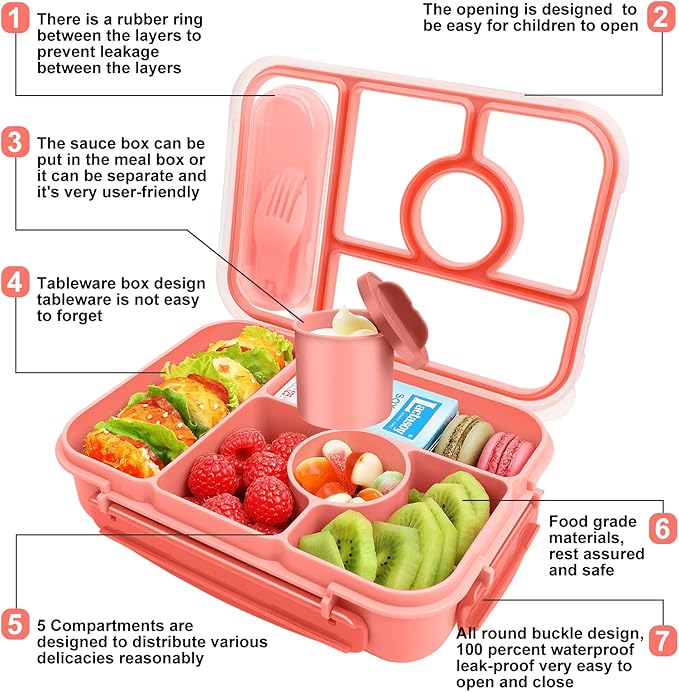 Kids & Adult Bento Lunch Box - 5 Compartment Lunch Containers, Sauce Vontainers, Microwave, Dishwasher & Freezer Safe (Pink)