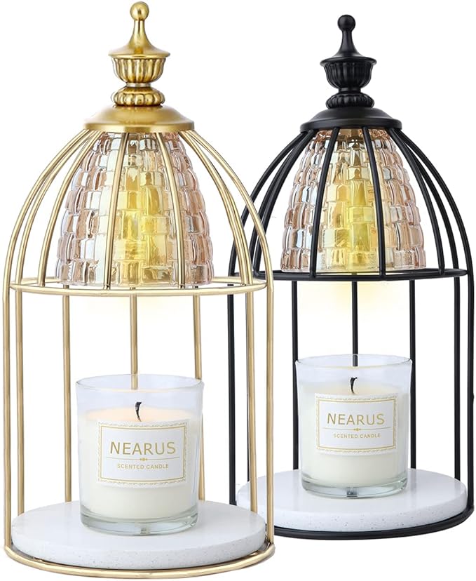 Candle Warmer Lamp, Auto Shut Off and Brightness Heat Level Control with Timer and Dimmable Switch, Top-Down Candle Melting with Marble Base and 2 Bulbs(Black)