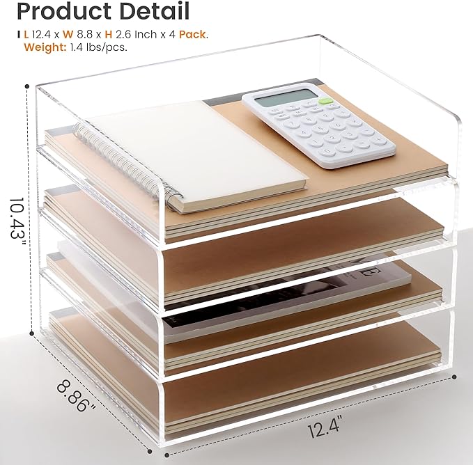 Acrylic Paper Tray, 4 Tier Paper Organizer for Desk, Clear Acrylic Desk Organizers, Stackable Letter Tray Workspace Organizer -Art Storage for School Classroom -4 Pack…