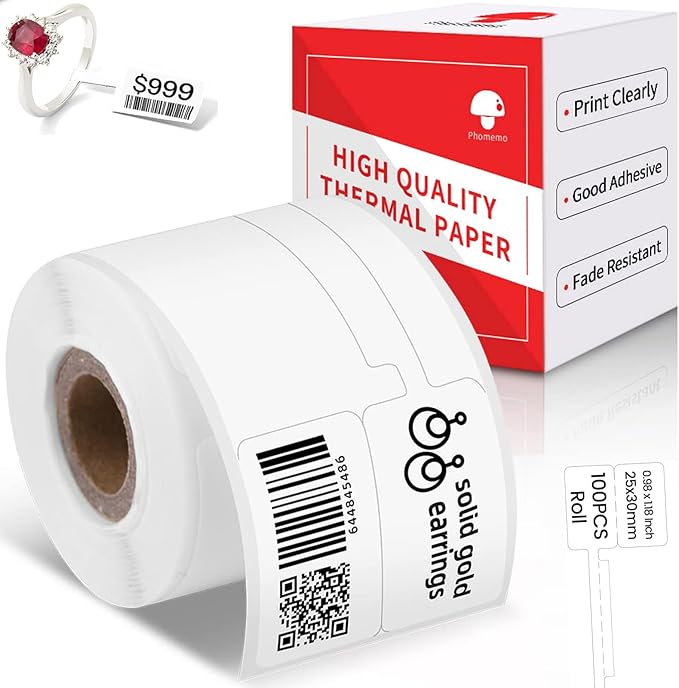 Phomemo Thermal Labels Jewelry Price Tags Compatible with Phomemo M110 M108 M120 M200 M220 M221 M150 M250 M260 M100 Label Printer, 70x30mm (2.75''x1.2'') 100 Labels/Roll, for Cabel
