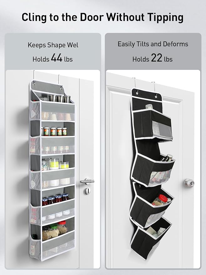 Yecaye 2 Pc Over The Door Organizer with 5 Bins 10 Side Pockets, 44lbs Load Hanging Bathroom and Bedroom Organizer, Behind The Door Hanging Organizers for Nursery Newborn Baby Essential Stuff Grey