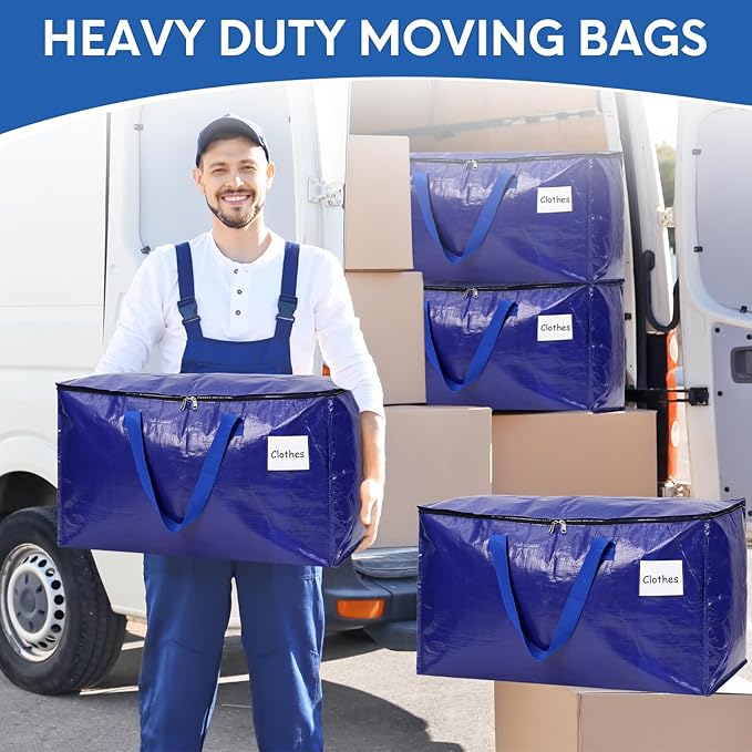 6-Pack Extra-Large Heavy-Duty Moving bags with Reinforced Handles, Durable Zippers & Waterproof Material — Perfect for Space-Saving, Storage, Shipping and Travel (Blue)