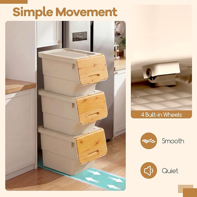 Giantex Plastic Stackable Storage Bins with Lids & Wheels, 3 Pack Open Front Stacking Bins, Organizer Bins for Pantry, Kitchen, Laundry, Closet, Playroom, Bedroom Organization (35 QT)