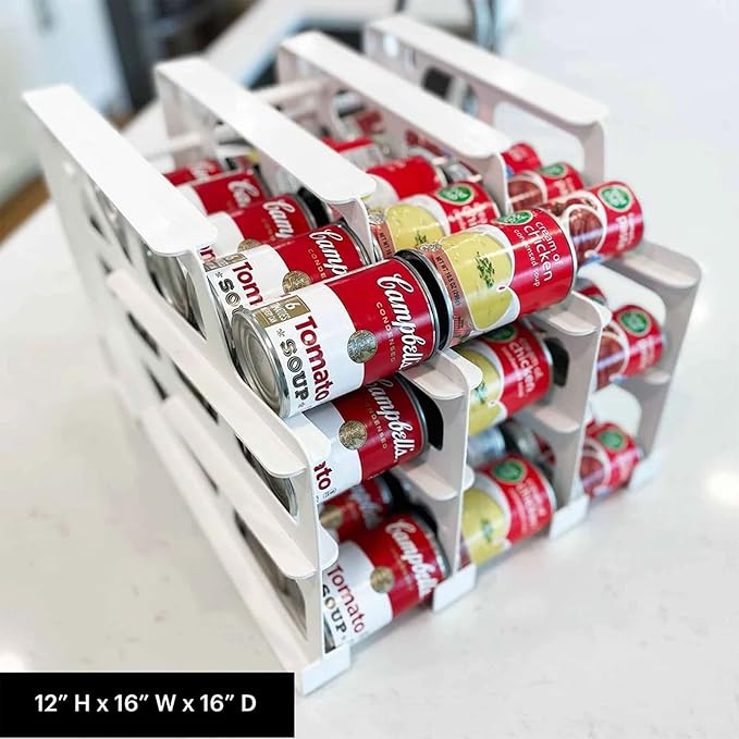 FIFO Can Tracker 4-Pack - 3-Tier Rotating Food Can Organizer for Pantry, Expandable Soda Can Storage for Kitchen, Holds 54 Cans of Food or Soda
