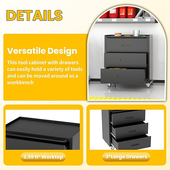 Garage Storage Cabinets with Wheels, Locking Metal Storage Cabinets with 3 Drawers, Easy Assembly Rolling Tool Cabinet for Garage, Basement,Warehouse