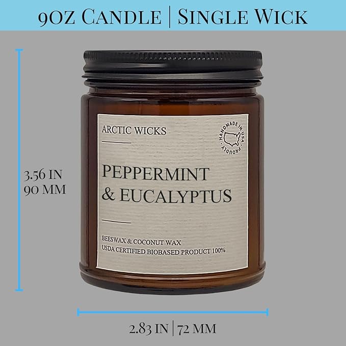 Arctic Wicks Peppermint & Eucalyptus Candle | 9oz Amber Jar | Arctic Wicks Handmade Scented Natural Coconut Beeswax Candles | Prefect Gift For Spa Lovers Non-Toxic 100% USDA Certified Biobased