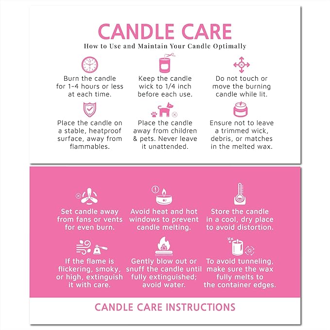 200 pack - Premium Handmade Candle Care Instruction Cards Pink 2x3.5 in, Small Business | Soy Bees Wax Melt, Candle Makers, Making Supplies Kit Set, Containers, Jars, Pot, Package