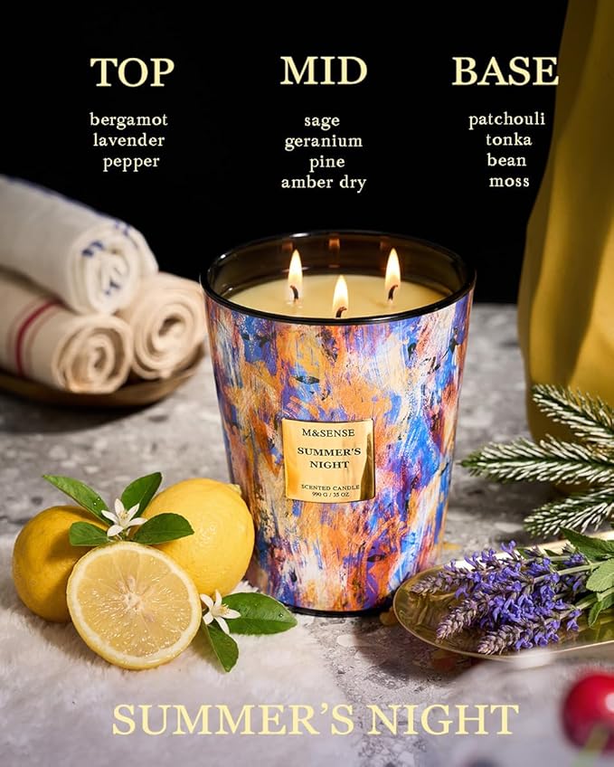 M&SENSE Summer Night Scented Soy Large Candle, 3-Wick 35oz 150 Hours Non-Toxic, Calming Stress Relief Candles for Home Scented Decor, Housewarming Gift for Men & Women