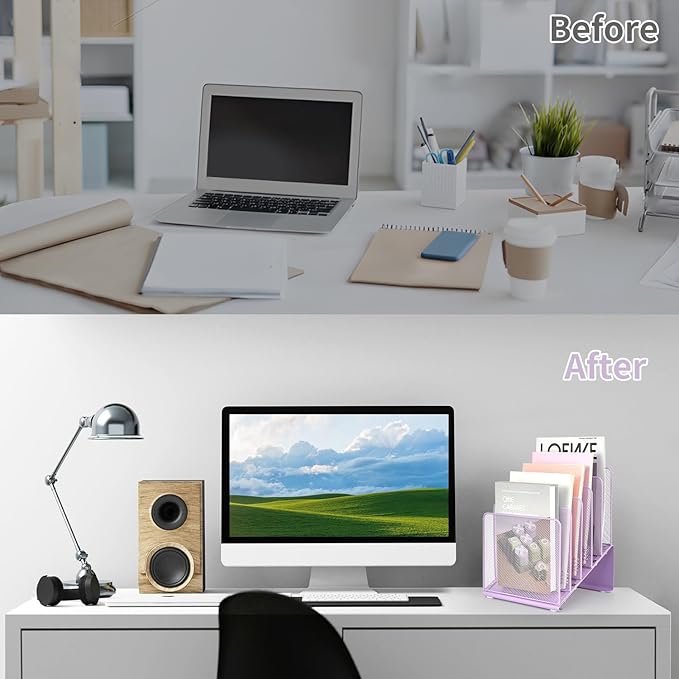 LEKETREE File Organizer for Desk, Desk Organizer with 5-Section Vertical File Rack, File Folder Organizer (Purple)