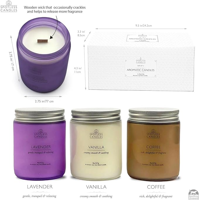 Aromatic Candles Three Pack - 3 x 8 oz Cotton Wick Candles Coloured Fosted Jars - Vanilla, Lavender and Coffee, Classic Candle Set for Men and Women by Spotless Leopard