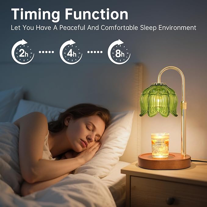 Flower Candle Warmer Lamp for Jar Candles with Timer & Dimmer, Adjustable Height Fits Large Jars up to 7.08" Tall, Flameless Wax Warmer, Cozy Bedroom Home Decor, Gift for Mom Women (Flower lamp-Green)