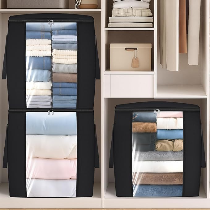 TasticTotes 120L Extra Large Clothes Storage Bags, Foldable Blanket Storage and Organization, Thick Fabric Containers with Reinforced Handles & Zippers for Clothing, Comforters, Bedding, Black, 2 Pack