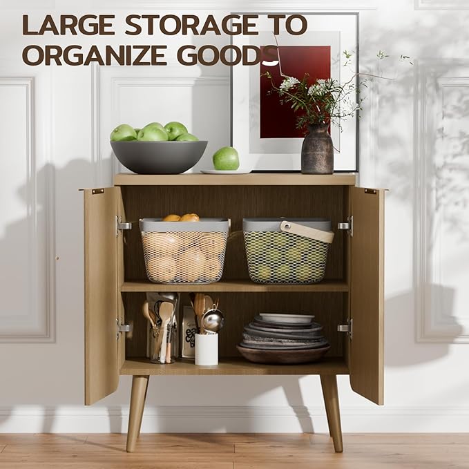 Sideboard Buffet Cabinet with Storage, Modern Fluted Accent Credenza with 2 Doors, Buffet Table Media Console Cabinet Entryway Cabinets for Living Room Kitchen Dining Room Bathroom, Natual Oak