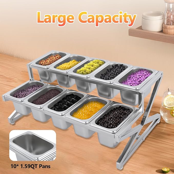 2-Tier Expandable Spice Rack with Lids & Spoons, Stainless Steel Seasoning Organizer Shelf, Pizza Topping Station, Kitchen Countertop Holder for Condiment Ingredients Sauces Jams Fruits