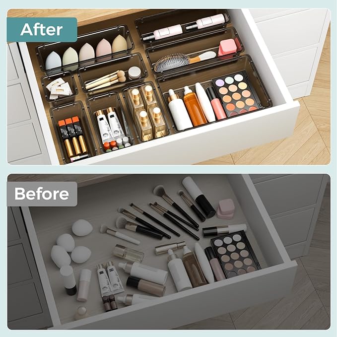 WOWBOX 44 PCS Clear Plastic Drawer Organizer Set, 4 Varied Size storage Bins and Desk Drawer Organizer tool Trays for Makeup, Gadgets, Jewelry and Utensils in Bathroom, Bedroom and Office, Clear Black