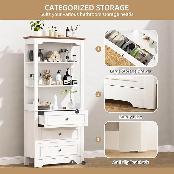 Bookcase 4-Tier Bookshelf with 3 Drawers, Pantry Storage Cabinets, 68'' Freestanding Tall Bathroom Cabinet, Sideboard Microwave Space Cupboard Organizer for Home Office, Retro White