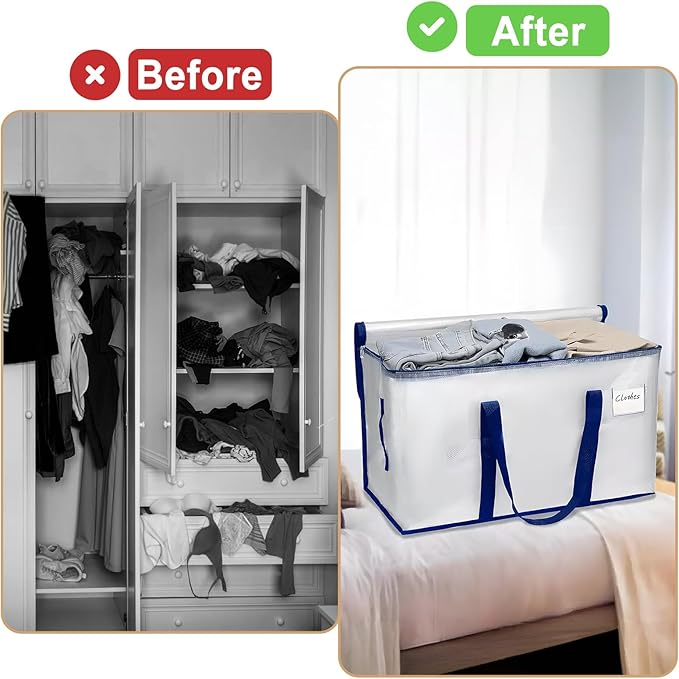 4 Pack Large Strong Moving Bags with Carrying Handles&Zippers, Fold Flat, Water-Resistant&Heavy Duty Storage Tote for Space Saving, Alternative to Moving Box (Semi-Transparent)