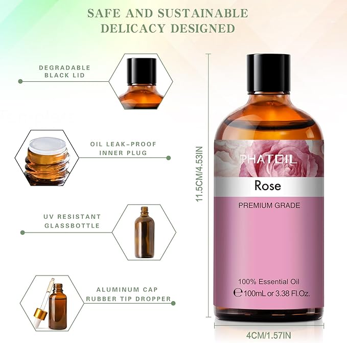 PHATOIL 3.38FL.OZ Rose Essential Oil with Glass Dropper, for Aromatherapy Diffusers, Humidifiers, Great for DIY Candle and Soap Making, Huge 100ML Bottle
