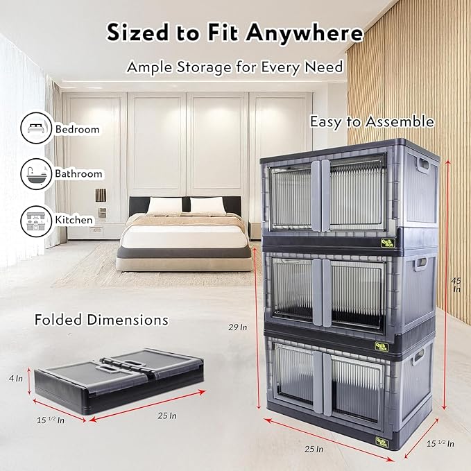 FELICON 19 Gallon 1 Pack Stackable Storage Bins with Lids,Doors,Wheels,Collapsible Organizer Foldable Container,Wardrobe Closet for Bedroom Living Room Neat,Dorm,Organized Homes(Black)