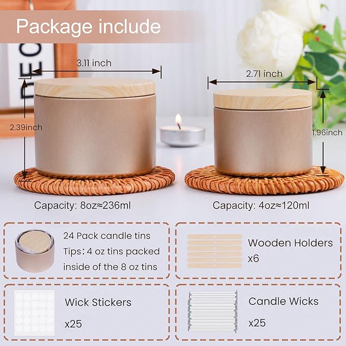CONNOO 24 Pack Candle Tins, 12pcs 8 OZ & 12pcs 4 OZ Champagne Gold Jars with Metal Wood-Grain Lids for Making Candles, Bulk Empty Containers for Candle Making, Wick Kit Included