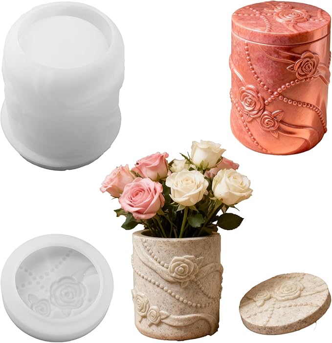 1 Pc Pearl Ribbon Rose Resin Jar Mold with Lid Delicate Cylindrical Flower Pot Candle Mold for Plaster Cement Concrete Epoxy DIY Home Decoration Jewelry Storage Box Candlestick Candy Jar