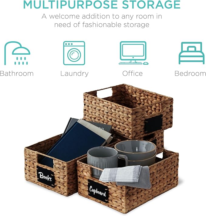 Best Choice Products Set of 4 9x12in Water Hyacinth Pantry Baskets, Woven Organizers w/Chalkboard Label, Chalk Marker - Chestnut