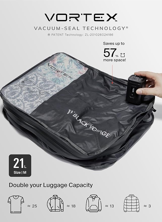 Black Voyage Reusable Vacuum Compression Travel Bag for Carry-On Suitcase and Backpack, Recycled IP67 Waterproof Space Saver Vacpack (2-Pack, 21L - Pump Included)