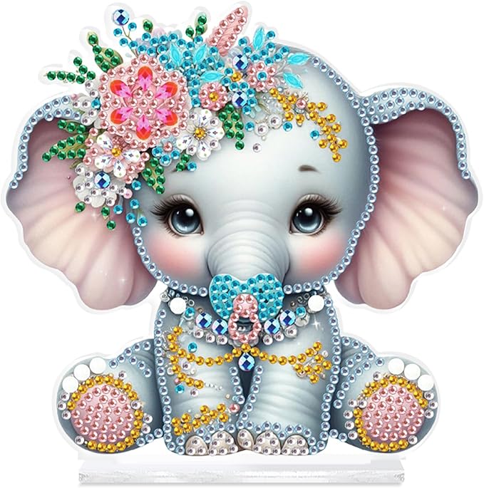 antor DIY Diamond Painting Desktop Ornament Kit, Acrylic Tabletop Diamond Art Decoration, Special Shape Crystal Diamond Painting Figurine Ornaments DIY Crafts Gift, Elephant with Floral Crown
