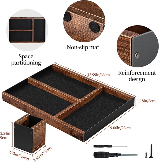 Wooden Desk Tray with Integrated Pen Holder, Luxury Office Organizer for Executive Desk, Minimalist Wood & Metal Stationery Storage Set, Premium Gift for Men & Home Office Decor
