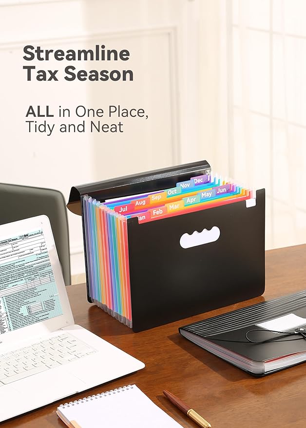 SortRax Accordion File Organizer 12 Pockets, Monthly Bill Receipt Tax Organizer, Expanding File Folders with Larger Bright Tabs, Fits Letter/A4 Size - Black