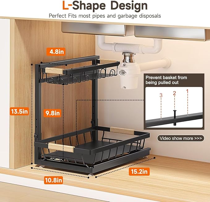 2 Packs Under Sink Organizer, Height Adjustable 2 Tier Under Kitchen Sink Organizer, Multi-Purpose Storage Shelf for Kitchen Bathroom Cabinet (Black, Extra Large)