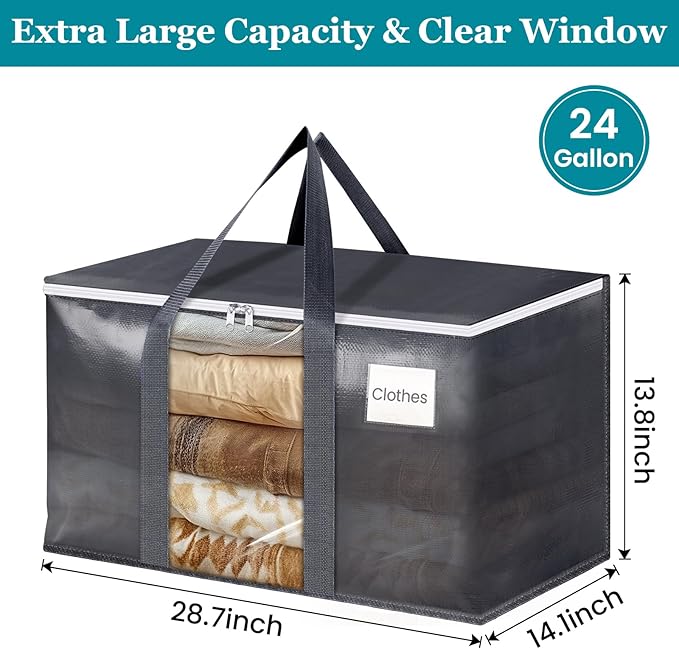 HomeHacks 2 Pack Extra Large Moving Bags with Visual PVC Window & Zippers, Storage Totes with Reinforced Handles, Heavy Duty Storage Bags for Packing, Moving, Storage (93L,Grey)
