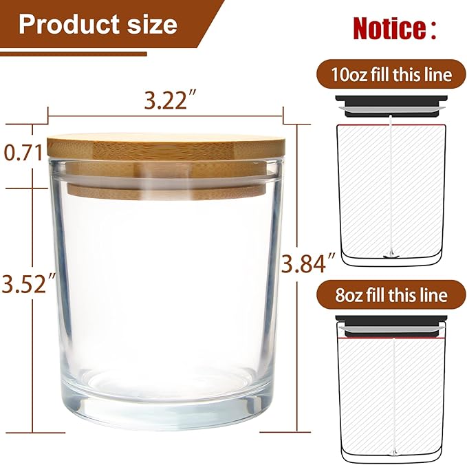 CONNOO 12Pack 10 OZ Clear Glass Candle Jars with Bamboo Lids for Making Candles, Large Size Empty Candle Tins with Wooden Lids, Bulk Clean Candle Containers - Dishwasher Safe