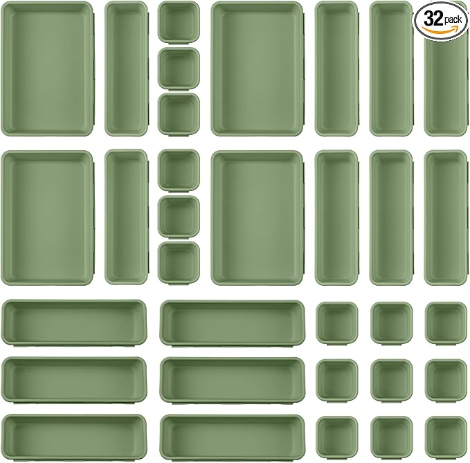 32 Pcs Desk Drawer Organizer Office Organization Tray Versatile Vanity Organizer with Nonslip Pads Makeup for Divider Drawer Storage Box Container for Kitchen Bedroom (Dark Green)