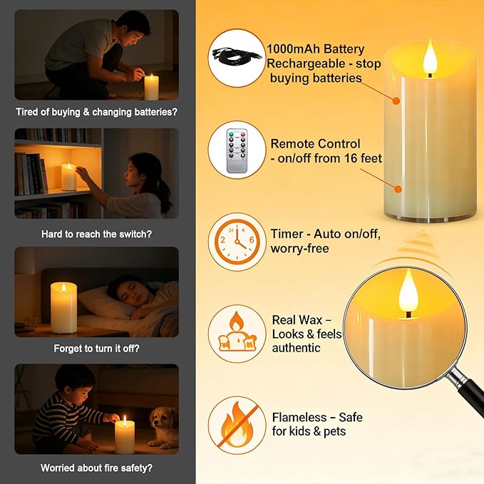 Lezonic Rechargeable Flickering Flameless Candles Battery Operated with Remote and Timer, Pack of 3(D 3'' X H 4''5''6'') Long Lasting Ivory White Real Wax LED USB Pillar Candles