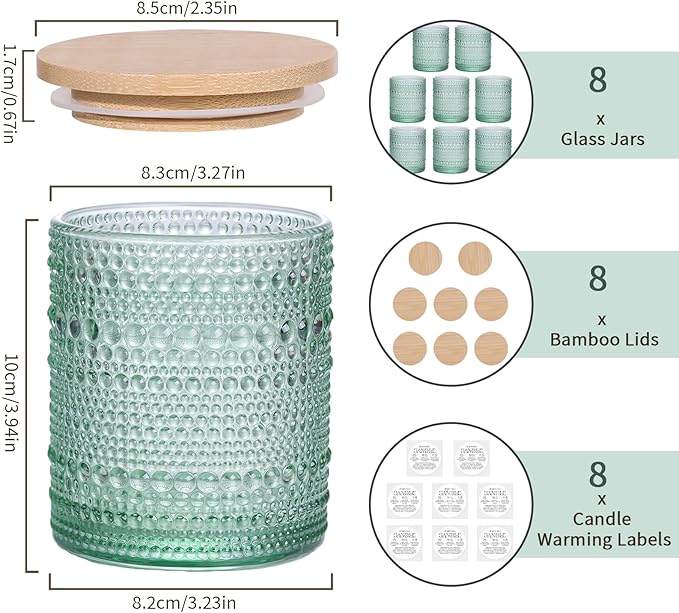 DARJEN 8 Pack Green Candle Jars for Making Candles- 14 OZ Empty Glass Candle Making Jars with Bamboo Lids and Labels, Candle Containers Candle Making Supplies for DIY Gifts