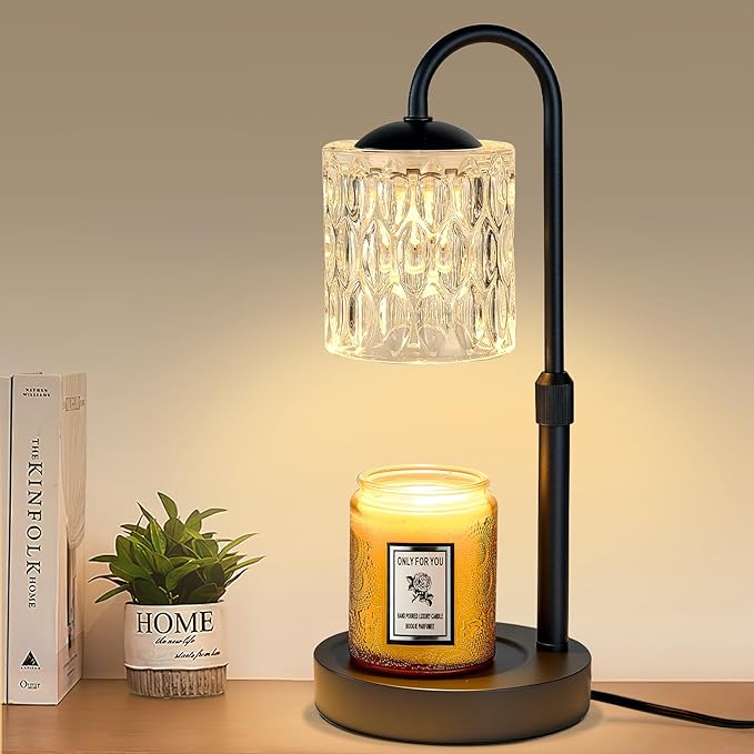 Briever Dimmable Candle Warmer Lamp with Timer, Height Adjustable Electric Candle Wax Warmer, Christmas Birthday Gifts for Women Mom, House Warming Gifts New Home Decor, Black Base with Glass Shade