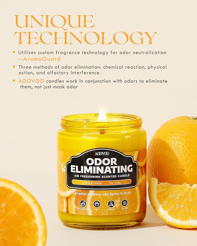 AOOVOO Citrus & Lemon 2 Pack Odor Eliminating Highly Fragranced Candle - Eliminates 95% of Pet, Smoke, Food and Other Smells Quickly, Non Toxic Air Freshing Soy Candle, 18 oz Up to 100 Hours Burn time
