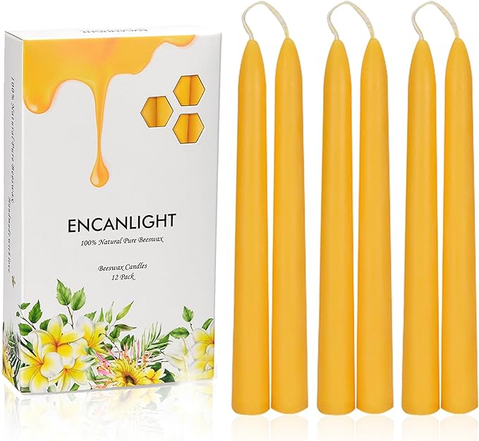 100% Pure 8 Inch Natural Bees Wax Taper Candlestick 12Pack - 8 Hours Long Burning, Smokeless, Dripless and Unscented for Home Decor Party Dinner