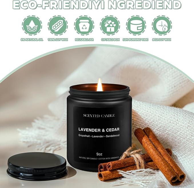 Luxury Lavander & Ceder Scented Candles Gift Set-100% Natural Soy Wax, 50H Clean Burn, Hand-Poured, Relaxing Aromatherapy for Home, Bedroom, Yoga & Spa,9oz-255g